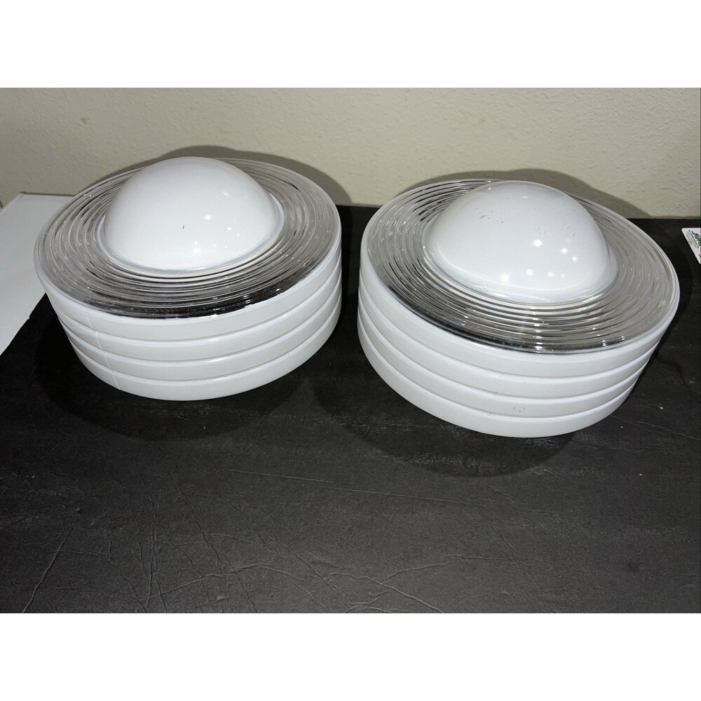 2 MCM White & Clear UFO Design Flush Ceiling Glass Dome Globe 3 3/4" Fitter VTG